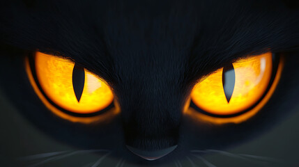 A close up of a black cat with glowing yellow eyes