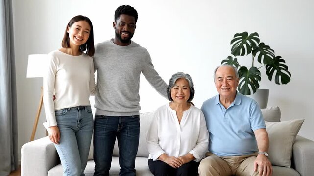 Diverse Family Posing and Smiling for Group Portrait on Sofa