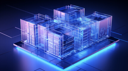 Visualize cutting edge technology with this stunning abstract representation of a futuristic data center glowing with vibrant blue and purple light