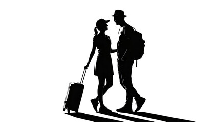 Romantic silhouettes of traveling couple with luggage ready for vacation adventure in the dark, love and journey