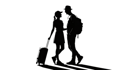 Romantic silhouettes of traveling couple with luggage ready for vacation adventure in the dark, love and journey