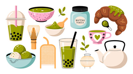 Flat lay collection of matcha tea drinks desserts and accessories for cafes vector