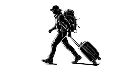 Stylish traveler treks onward with suitcase and backpack in tow, ready for adventure and exploration