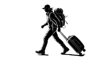 Stylish traveler treks onward with suitcase and backpack in tow, ready for adventure and exploration