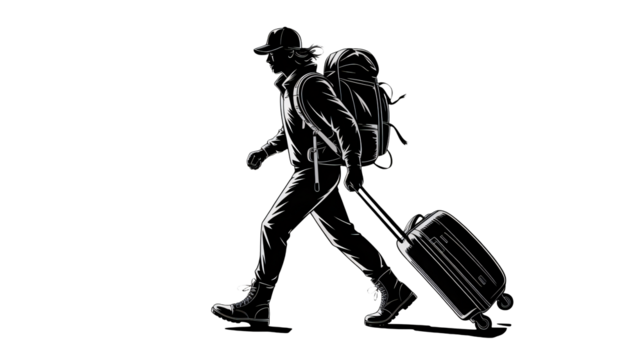 Stylish traveler treks onward with suitcase and backpack in tow, ready for adventure and exploration