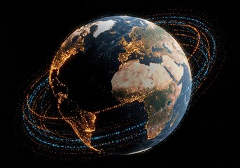 Earth at night with glowing city lights and data streams.