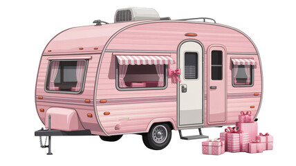 Charming pink vintage camper adorned with gifts, evoking a sense of whimsical summer road trip adventures
