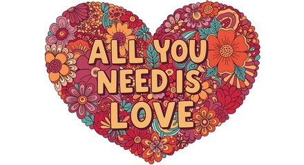 Vibrant heart shape filled with flowers and text all you need is love