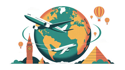 Exciting adventures await with this global travel concept featuring iconic landmarks and airplanes flying worldwide