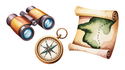 Discover adventure with vintage compass, binoculars, and map for travel and exploration ideas