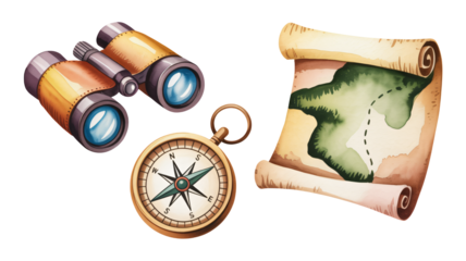 Discover adventure with vintage compass, binoculars, and map for travel and exploration ideas