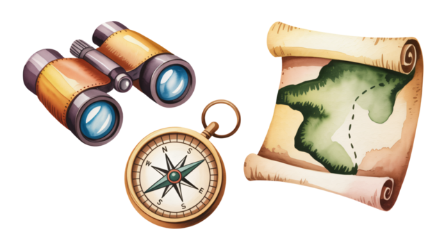 Discover adventure with vintage compass, binoculars, and map for travel and exploration ideas