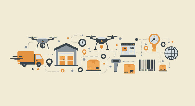 A precise flat design illustration featuring a collection of icons representing logistics and supply chain management technologies. 
