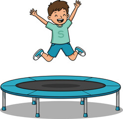 Happy cartoon boy jumping on trampoline, fun outdoor activity, energetic child playing, kids exercise illustration, joyful children sport vector