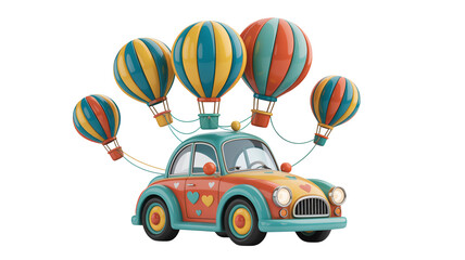 Whimsical vintage car floats away with colorful balloons for a joyful travel adventure concept art