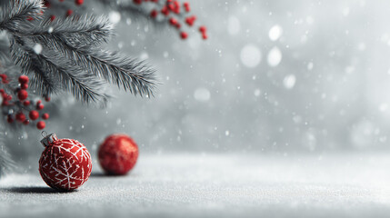 Obraz premium Snow falls softly on festive red ornaments nestled among frosty pine branches in a winter wonderland scene