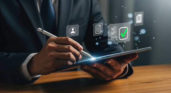 Digital Signature Concept: Businessman Using Tablet for Online Document Approval, E-signature, and Workflow Automation in Modern Business - Powered by Adobe