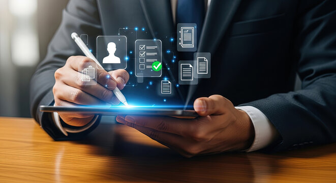 Digital Document Management: Businessman Using Tablet for Online Forms, E-signatures, and Workflow Automation in Modern Office Environment - Powered by Adobe