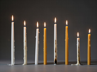 A serene row of lit white and beeswax taper candles glowing warmly.