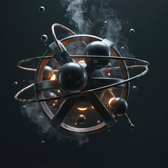 Abstract Dark Atom-Like Structure with Smoke and Glowing Elements