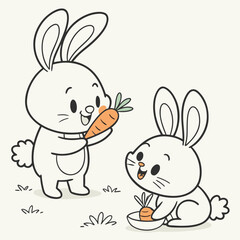 Adorable bunny vector illustration with two rabbits holding carrots. Perfect for kids designs, Easter themes, stickers, and nursery decorations.