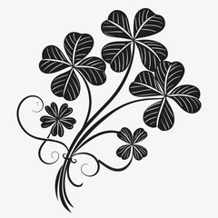 Elegant black clover ornament vector with swirling stems and leaves. Perfect for decorative design, patterns, logos, tattoos, and nature-inspired artwork.