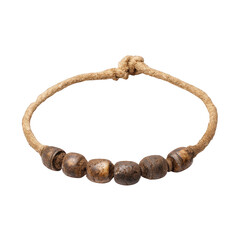 A simple, handmade bracelet made of rough twine and five wooden beads, isolated on a transparent background