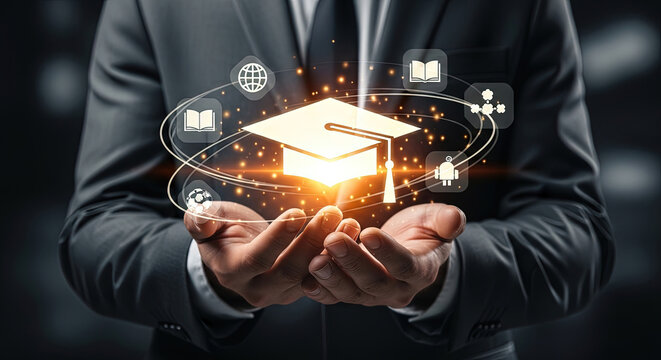 Digital Education Concept: Businessman Holding Graduation Cap with Online Learning Icons. Future of Education, E-learning, and Knowledge Transfer, Tech.