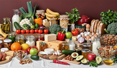 Variety of Grocery Products Including Fruits, Vegetables, Dairy, and Cheese on Red Background