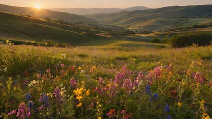 Wildflower meadow with colorful blossoms at sunset landscape