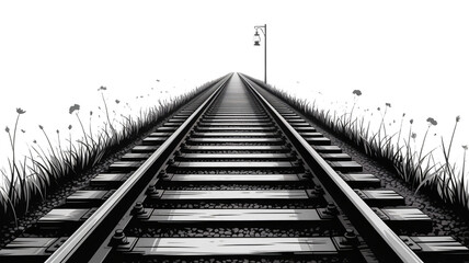 Stunning monochrome railroad tracks vanishing point with lantern, evoking a sense of travel and adventure