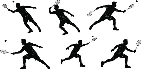Badminton player silhouettes performing smash, serve, rally, and defensive actions with shuttlecock and racket in dynamic sports vector illustration design