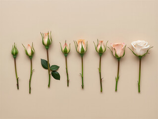 Different stages of white rose blooming on beige background