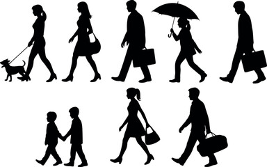 Diverse city pedestrian silhouettes casual stroll commute business travel vector