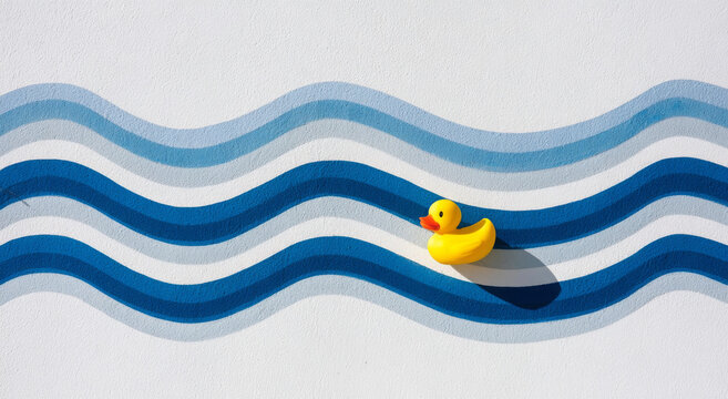 A bright yellow rubber duck floats on stylized blue waves against a white background.