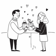A man giving a plant and a drink to a woman with hearts floating above them in a black and white sketch on transparent background silhouette