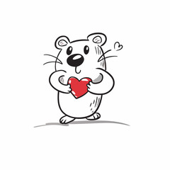 Cartoon white bear holding a red heart with black outline on white background in a simple drawing style on transparent background silhouette