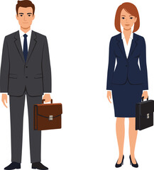 Business professionals in formal attire standing side by side with briefcases, representing corporate teamwork, office culture, and workplace diversity