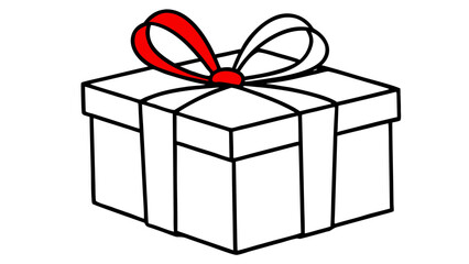 Illustration of a white gift box with black outline and a red ribbon on top of the present box on transparent background silhouette