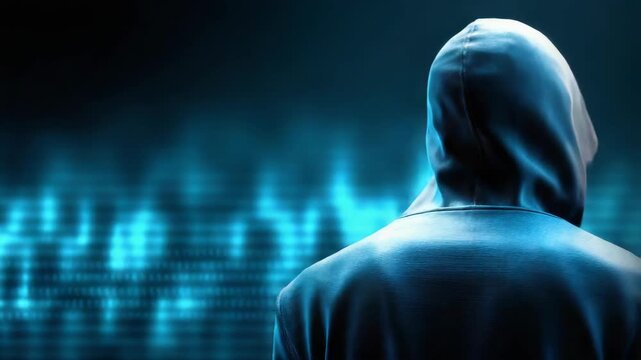 Hooded anonymous person in dark clothing, realistic photo style, against a blurred digital blue background, concept of cybercrime or hacking