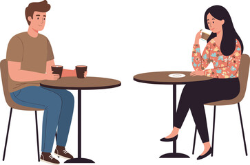 Two people enjoying coffee at separate tables in modern cafe, casual attire, relaxed mood, indoor setting, lifestyle and social interaction