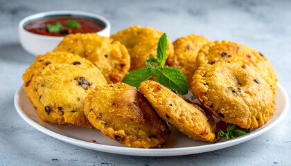 Fototapeta premium Crispy golden pastries on a plate with a sauce