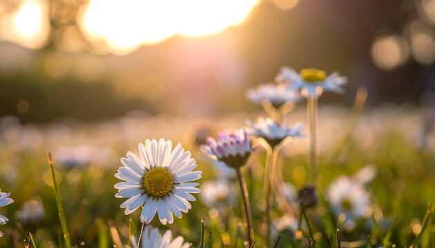Field of daisies at sunset