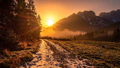 Golden sunset over mountain path