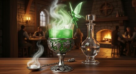 Enchanted Elixir - A Mystical Potion in a Medieval Tavern Setting.