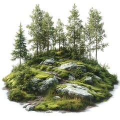 Island of Tranquility: A small verdant island, abundant with lush greenery and aged stone, rises gracefully, providing a serene panorama of nature's artistry. 