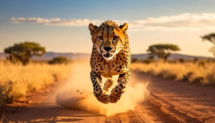Fierce cheetah running in African savanna