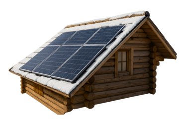 Solar panels on a wooden cabin roof create clean energy during winter season in a snowy landscape
