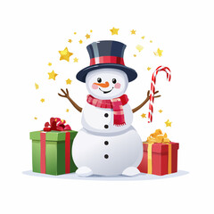 A cheerful snowman holding a candy cane surrounded by wrapped presents and twinkling stars.