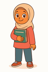 Hijab student girl holding books, vector cartoon.